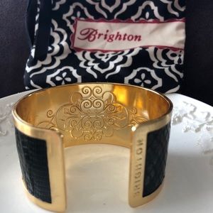 Brighton Cuff Bracelet, Gold Tone, Black Leather